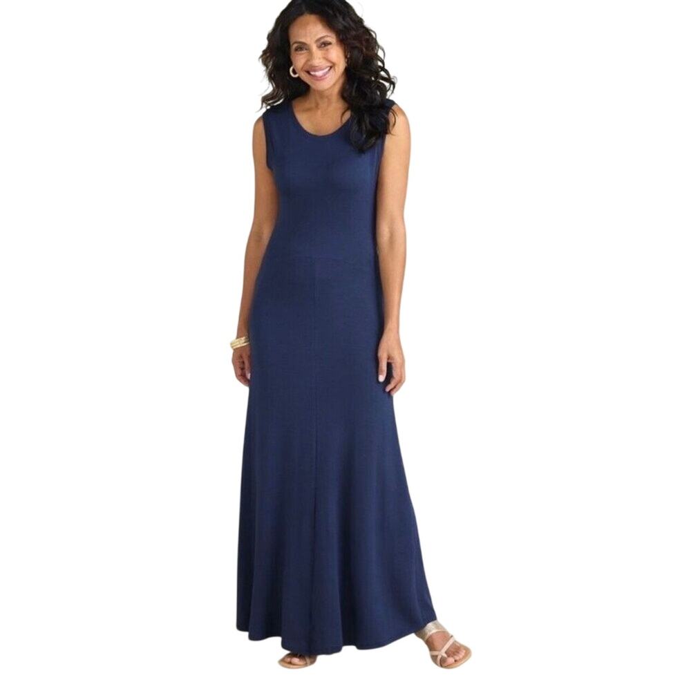 Soft Surroundings Fina Maxi Dress 2X Peacot Blue Sleeveless French Terry Stretch